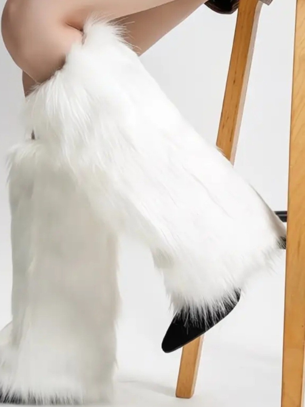 White Faux Fur Knee-High Leg Warmers - Women's Stylish Winter Footwear